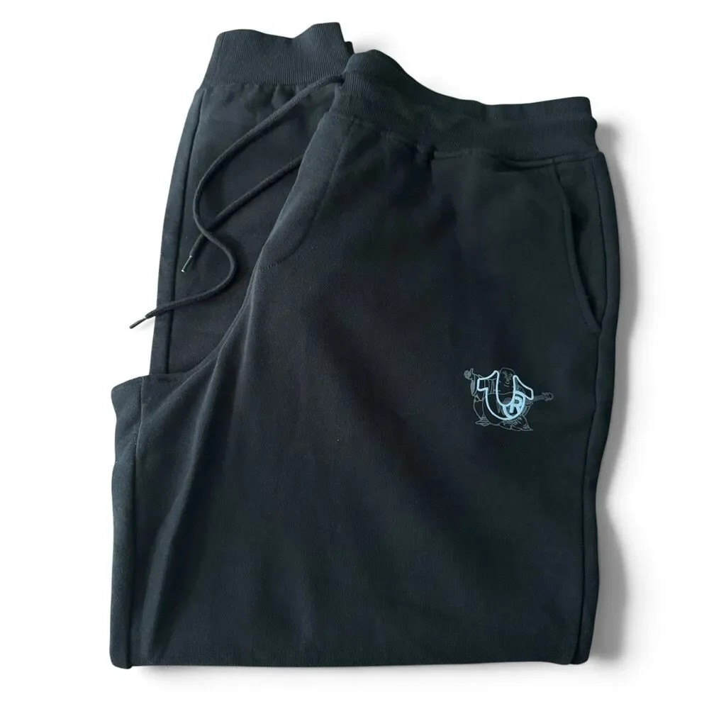 True Religion Buddha Joggers Men XL Black Logo Stitch Ankle Cuff Taper NWT